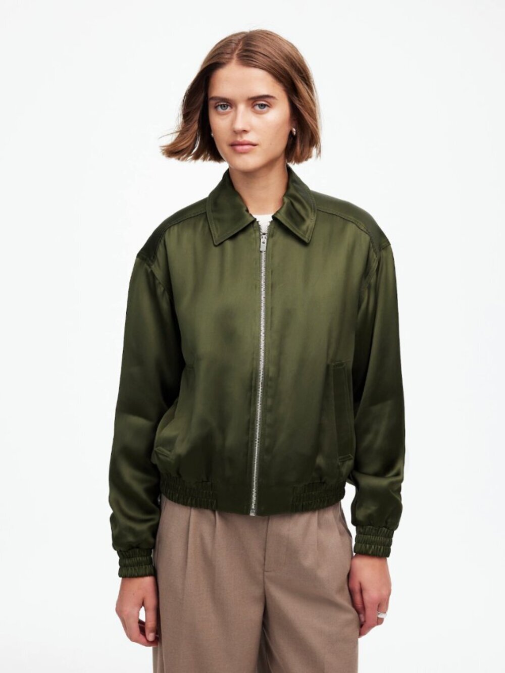 Madewell NWT (Flaw) Relaxed Zip-Front Shiny Bomber Jacket, Mossy Umber Green, M